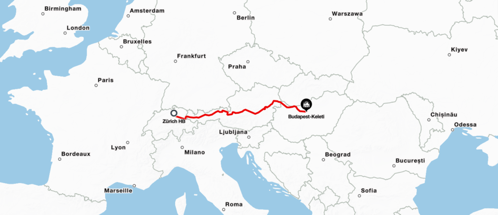 Carte trajet en train Zurich - Budapest